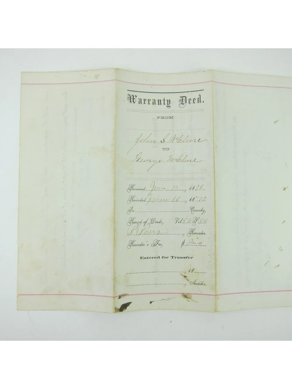 US Scott R81 Two Dollar Revenue Tax Stamp on 1870 Darke County Ohio Land Deed
